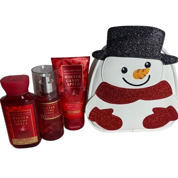 Bath & Body Works Other - Bath and Body Works SNOWMAN COSMETIC BAG and WINTER CANDY APPLE Travel 4 Piece S
